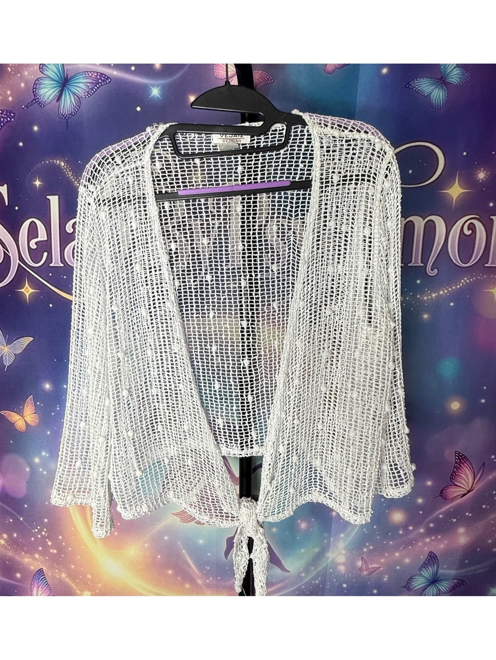 White Crochet Tie-Front Cardigan by Vejaiz Designs – 100% Polyester, L